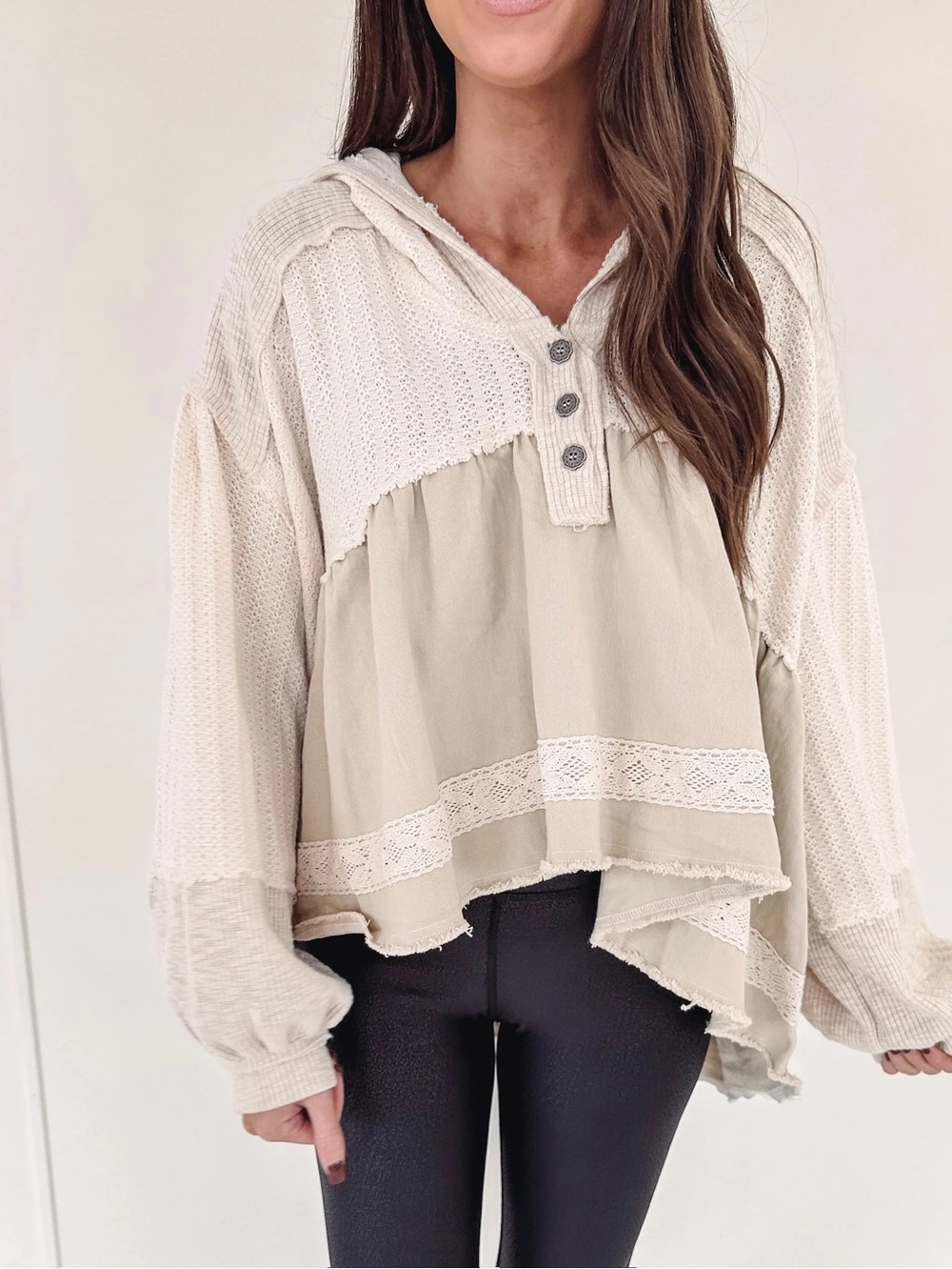 POL Cream Crochet-Trim Hooded Top